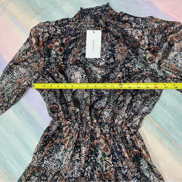 O.P.T Floral Metallic Smock Neck Fit&Flare Long Sleeve Mini Dress Navy Boho XS - Picture 9 of 9